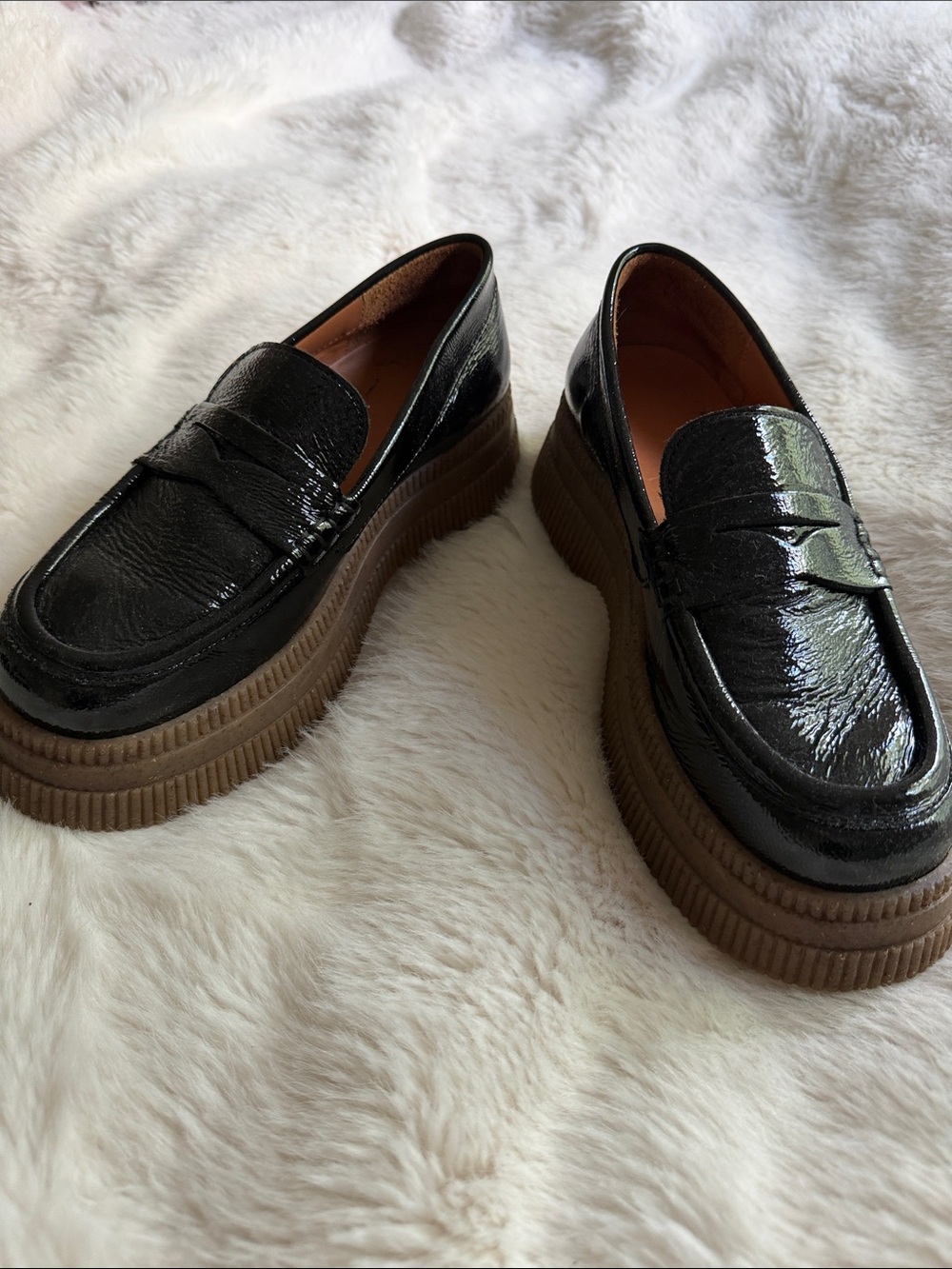 Ganni Black Patent Platform Penny Loafers with Brown Crepe Sole